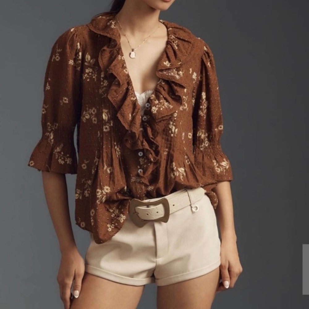 Anthropologie Ruffled Pin-Tuck Button Front Blouse in Brown Floral Size XS. NWT